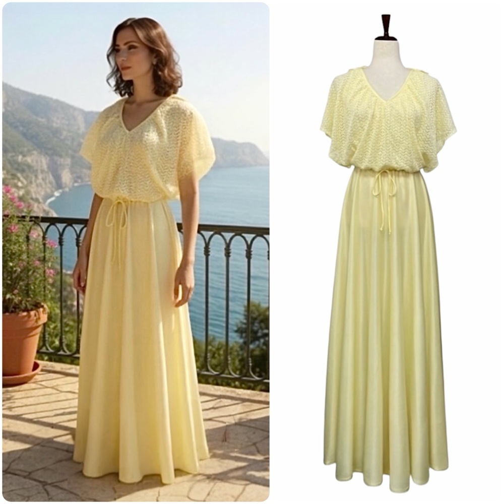 Vintage 70s Yellow Boho Maxi Dress Crochet Lace Batwing Flutter Sleeve Size S